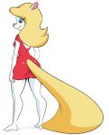  2020 animaniacs anthro barefoot big_tail blonde_hair blonde_tail blue_eyeshadow butt clothing dress eyeshadow female full-length_portrait fur hair hi_res looking_aside lowered_tail makeup mammal minerva_mink mink mustelid musteline pink_nose portrait rear_view red_clothing red_dress rippledraw simple_background smile solo warner_brothers white_background white_body white_fur 