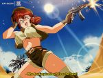  1girl animated artist_name belt blue_sky bluethebone bouncing_breasts breasts brown_hair bullet commentary covered_nipples crop_top english_commentary english_text fio_germi firing glasses gloves gun hat high-waist_shorts lens_flare light_rays metal_slug no_bra open_mouth palm_tree retro_artstyle round_eyewear round_teeth sand shell_casing short_hair short_shorts shorts sky solo submachine_gun subtitled sun teeth thighhighs tree underboob vest weapon 
