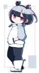  1girl anahoriya bangs black_hair black_jacket boots border chibi eyebrows_visible_through_hair grey_jacket hair_behind_ear hands_in_pocket highres jacket jitomi_monoe looking_at_viewer magnet red_eyes short_hair solo virtual_youtuber voms white_footwear 