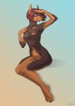  2019 4_toes 5_fingers abs anthro athletic athletic_anthro athletic_female biped black_nose brown_body brown_eyes brown_fur canid canine canis dobermann domestic_dog eamart feet female femke_reinhardt fingers fur gradient_background hair hand_on_chest hi_res mammal multicolored_body navel pinscher pinup pose prick_ears red_hair shading_eyes signature simple_background sitting solo toes two_tone_body 