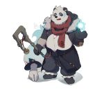  2021 absurd_res anthro black_body black_fur black_nose bottomwear clothing duo feral fur giant_panda hi_res humanoid_hands kemono magic male mammal overweight overweight_male pants piero03432812 simple_background ursid white_background white_body white_fur 