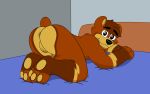  16:10 3_toes 4_fingers absurd_res anthro anus arch_position arched_back balls bed bedroom bedroom_eyes black_nose brown_body brown_fur bulge butt butt_focus butt_heart clothing eye_contact eyebrows feet fingers fur furniture garebear garebear_illustrations genitals hi_res hindpaw looking_at_another looking_at_viewer male mammal narrowed_eyes pawpads paws pinup pose red_clothing seductive sex solo toes ursid ursine widescreen 