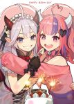  2girls ahoge black_gloves blue_eyes bow breasts cake cleavage fireworks food fork gloves hair_ornament happy_birthday heart heart_ahoge heart_hair_ornament hide_(hideout) highres horns hug indie_virtual_youtuber ironmouse long_hair looking_at_viewer medium_breasts multicolored_hair multiple_girls open_mouth pink_bow pink_hair pointy_ears purple_eyes purple_hair smile sparkler streaked_hair upper_body vei_(vtuber) virtual_youtuber vshojo 