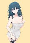  1girl absurdres bangs bare_arms bare_shoulders blue_eyes blue_hair breasts byleth_(fire_emblem) byleth_(fire_emblem)_(female) cleavage collarbone commentary_request cowboy_shot dagger fire_emblem fire_emblem:_three_houses hand_on_weapon highres long_hair looking_at_viewer medium_breasts naked_towel parted_lips sheath sheathed shimizu_akina simple_background solo thigh_strap towel weapon yellow_background 