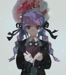  1girl bangs black_jacket blunt_bangs book braid closed_mouth danganronpa_(series) danganronpa_kirigiri expressionless eyebrows_visible_through_hair flower gloves grey_background hair_ornament hair_ribbon holding holding_book jacket kirigiri_kyouko long_sleeves looking_at_viewer official_alternate_costume open_clothes open_jacket purple_eyes purple_hair qosic ribbon shirt simple_background solo twintails upper_body white_shirt 