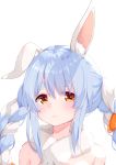  1girl animal_ear_fluff animal_ears bangs bare_shoulders blue_hair blush braid bunny_ears carrot carrot_hair_ornament closed_mouth commentary_request don-chan_(usada_pekora) eyebrows_visible_through_hair eyes_visible_through_hair face food_themed_hair_ornament frown hair_between_eyes hair_ornament highres hololive long_hair looking_at_viewer multicolored_hair orange_eyes priere sidelocks simple_background solo thick_eyebrows twin_braids twintails two-tone_hair usada_pekora virtual_youtuber white_background white_hair 