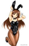  1girl animal_ears arashio_(kantai_collection) black_leotard bow bowtie breasts brown_eyes brown_hair brown_legwear bunny_ears covered_navel detached_collar fake_animal_ears kantai_collection komon06114592 leotard long_hair looking_at_viewer medium_breasts pantyhose playboy_bunny shiny shiny_clothes simple_background solo standing standing_on_one_leg strapless strapless_leotard twitter_username white_background white_neckwear wing_collar wrist_cuffs 