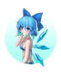  1girl absurdres alternate_costume bikini blue_bikini blue_bow blue_eyes blue_hair blush bow breasts cirno cleavage collarbone eyebrows_visible_through_hair food hair_bow highres looking_at_viewer popsicle short_hair small_breasts solo swimsuit touhou warabi_(rhtkfl03) 