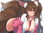  1girl absurdres animal_ear_fluff animal_ears bangs blush bottomless breasts brown_hair eyebrows_visible_through_hair fox_ears fox_girl fox_tail green_eyes highres jacket large_breasts leggings long_hair long_sleeves looking_at_viewer multiple_tails necktie open_clothes open_mouth open_shirt original plushmallow solo suruga_(xsurugax) tail 