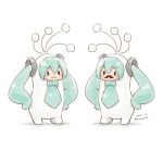  2girls :3 antennae aqua_neckwear blush_stickers borrowed_design chibi commentary costume dated facial_hair hands_on_hips hatsune_miku long_hair looking_at_another multiple_girls mustache necktie prehensile_hair pylori_kin_no_uta_(vocaloid) sangatsu_youka solid_oval_eyes twintails twitter_username very_long_hair vocaloid white_background 