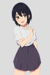  1girl alternate_costume black_hair collared_shirt green_eyes grey_shirt grey_skirt hair_behind_ear highres hololive light_blush looking_up nojikorirakkusu oozora_subaru open_mouth pointing pointing_at_self shirt shirt_tucked_in short_hair skirt smile solo virtual_youtuber 