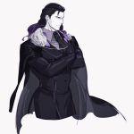  1boy black_cape black_hair black_jacket black_suit cape closed_mouth collar crossed_arms fate/grand_order fate_(series) formal fur fur-trimmed_cape fur_trim gloves gradient_hair hair_slicked_back highres jacket long_hair long_sleeves male_focus multicolored_hair necktie nikola_tesla_(fate/grand_order) purple_hair simple_background solo suit viscontiapclyps white_background 