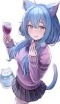  1girl ahoge alcohol animal_ear_fluff animal_ears bangs black_skirt blue_bow blue_hair blue_neckwear blush bow bowtie breasts cat_ears cat_tail cowboy_shot cup drinking_glass enumiyan eyebrows_visible_through_hair from_above hair_between_eyes hair_ornament hair_over_shoulder hairpin highres holding holding_cup hololive jewelry kemonomimi_mode long_hair looking_at_viewer low_twintails medium_breasts parted_lips pleated_skirt purple_sweater simple_background single_earring skirt solo standing sweat sweater tail thighhighs twintails white_background white_legwear wine wine_glass yellow_eyes yukihana_lamy 