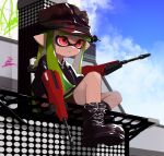  1girl bangs bike_shorts black_footwear black_jacket black_shorts blue_sky blunt_bangs boots closed_mouth cloud cloudy_sky cross-laced_footwear day domino_mask dual_wielding dualie_squelcher_(splatoon) english_commentary english_text graffiti green_hair hat highres holding ink_tank_(splatoon) inkling jacket lace-up_boots long_hair long_sleeves looking_to_the_side mask mhxbump milestone_celebration outdoors pointy_ears red_eyes red_headwear shorts single_vertical_stripe sitting sky smile solo splatoon_(series) splatoon_2 tentacle_hair 