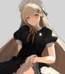  1girl bangs blonde_hair blush breasts dress dress_lift earrings frilled_hairband frills girls_frontline gothic_lolita hairband highres jewelry light_brown_eyes lolita_fashion long_hair medium_breasts ppk_(girls_frontline) puffy_short_sleeves puffy_sleeves ra_9rara short_sleeves smile solo very_long_hair 