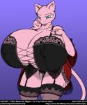  2010 anthro big_breasts blue_eyes breast_expansion breasts english_text expansion felid feline female huge_breasts huge_thighs hyper hyper_breasts legendary_pok&eacute;mon mammal mew nintendo pink_body pok&eacute;mon pok&eacute;mon_(species) simple_background solo standing text thick_thighs url victoria_viper video_games wide_hips 