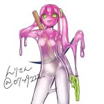  1girl :p akira_(meltyhip) borrowed_character breasts colored_sclera colored_skin completely_nude gradient_skin green_eyes hand_up holding holding_pickaxe holding_water_gun long_hair looking_at_viewer monster_girl navel nude pickaxe pink_hair pink_sclera pink_skin side_ponytail simple_background slime_girl small_breasts smile solo standing tentacle_hair tongue tongue_out water_gun white_background 