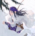  1girl ainu ainu_clothes arrow_(projectile) artist_name asirpa bandana belt black_hair blizzard blue_bandana blue_eyes bow_(weapon) cape chinese_commentary closed_mouth commentary_request dated ear_piercing earrings eye_contact from_side fur_cape golden_kamuy highres hoop_earrings jewelry lips long_hair long_sleeves looking_at_another mitus piercing quiver retar shirt sidelocks signature simple_background smile snow weapon white_cape white_shirt white_wolf wolf 