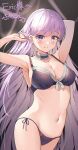  1girl absurdly_long_hair armpits arms_up black_bra black_panties blush bra braid breasts cleavage commission commissioner_upload dress fire_emblem fire_emblem:_the_binding_blade fire_emblem_heroes french_braid futasan highres large_breasts long_hair navel open_mouth panties purple_eyes purple_hair shiny shiny_hair side-tie_panties smile solo sophia_(fire_emblem) string_panties underwear very_long_hair 