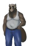  2020 anthro bbbustertemp black_nose bottomwear brown_body brown_fur canid canine clothing fur hi_res male mammal musclegut pants raccoon_dog shirt sihai&#039;s_legacy simple_background solo tanuki topwear video_games visual_novel white_background 