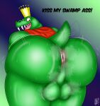  absurd_res anthro anus backsack balls big_butt bodily_fluids butt cape clothing crown dialogue donkey_kong_(series) english_text genitals green_body hi_res king_k._rool kremling looking_at_viewer looking_back male miscellanea404 musk nintendo overweight overweight_anthro overweight_male perineum presenting presenting_anus presenting_hindquarters red_eyes royalty scalie signature simple_background solo stubby_tail sweat sweaty_anus sweaty_balls sweaty_butt sweaty_genitalia tailwag teeth text video_games wet 