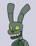  2020 ambiguous_gender animatronic anthro button_(fastener) five_nights_at_freddy&#039;s five_nights_at_freddy&#039;s_4 freckles green_body heterochromia lagomorph leporid long_ears looking_aside machine mammal nightmare_fuel plushtrap_(fnaf) rabbit robot skkortysoup smile solo video_games 