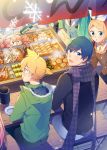  2boys 5girls aqua_hair bangs banner blonde_hair blue_coat blush_stickers bottle bow brown_coat chikuwa chopsticks coat commentary daikon everyone food from_above green_coat hair_bow hair_ornament hairclip hatsune_miku holding holding_bottle holding_chopsticks kagamine_len kagamine_rin kaito konnyaku_(food) long_hair looking_at_viewer meal megurine_luka meiko multiple_boys multiple_girls nail_polish night noodles octopus open_mouth out_of_frame pink_hair plate purple_scarf red_nails rin_no_youchuu sake_bottle sausage scarf shirt short_ponytail sinaooo sitting smile snowflakes solid_oval_eyes spiked_hair swept_bangs tofu twintails v-shaped_eyebrows very_long_hair vocaloid white_bow white_shirt 