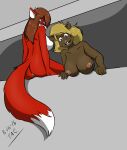  2016 anthro beaver beverly_(sailoranna) big_breasts blonde_hair blue_eyes breasts brown_body brown_fur brown_hair butt canid canine dipstick_tail duo eyewear female fox fur genitals glasses green_eyes hair hi_res looking_back mammal multicolored_tail nipples nude pussy red_body red_fur rodent sailoranna tina_(sailoranna) 