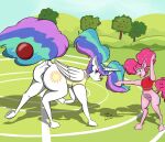  2018 anus bottomless clothed clothed_feral clothing duo equid equine feathered_wings feathers female feral friendship_is_magic fur genitals hair hasbro hi_res hooves horn mammal multicolored_hair my_little_pony outside pink_body pink_fur pink_hair pinkie_pie_(mlp) plant princess_celestia_(mlp) purple_eyes pussy rainbow_hair sailoranna sports_ball teats tree unicorn_horn white_body white_fur winged_unicorn wings 