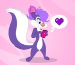  &lt;3 2020 accessory anthro big_tail biped blue_sclera bow cheek_tuft chest_tuft dating_app eyelashes eyeshadow facial_tuft featureless_crotch female fifi_la_fume fluffy fluffy_tail fur hair hair_accessory hair_bow hair_ribbon looking_at_object looking_at_phone makeup mammal mephitid multicolored_body multicolored_fur phone phone_app pink_bow pink_nose pixelkitties purple_eyeshadow purple_hair raised_tail ribbons simple_background skunk smile solo speech_bubble standing tiny_toon_adventures tuft two_tone_body two_tone_fur two_tone_tail warner_brothers white_face 