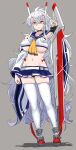  1girl absurdres alternate_costume alternate_hairstyle armpits ascot ayanami_(azur_lane) ayanami_(azur_lane)_(cosplay) azur_lane bangs belt blue_skirt breasts choker clenched_hand collarbone commentary_request cosplay detached_sleeves eyebrows_visible_through_hair full_body graf_zeppelin_(azur_lane) grey_background groin hair_between_eyes hair_ornament hairclip headgear hey_taisyou high_ponytail highres large_breasts long_hair looking_at_viewer navel parted_lips pleated_skirt ponytail red_eyes red_footwear retrofit_(azur_lane) school_uniform serafuku shaded_face sidelocks simple_background skirt solo thighhighs underboob wavy_hair white_hair white_legwear wide_sleeves zettai_ryouiki 