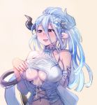  1girl :d bare_shoulders blue_hair blush bow_(bhp) breasts clothing_cutout copyright_request cum cum_on_body cum_on_breasts cum_on_clothes detached_sleeves granblue_fantasy hair_between_eyes hair_ornament horns izmir large_breasts long_hair mole mole_under_mouth open_mouth pointy_ears ponytail red_eyes simple_background smile solo underboob underboob_cutout upper_body yellow_background 