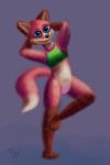  anthro baley belly big_ears big_feet bikini bikini_top blue_eyes bottomless brown_body brown_ears brown_fur canid canine clothed clothing feet female fox fox_tail fur genitals green_clothing green_topwear hands_behind_head hi_res looking_at_viewer mammal modestwold mostly_nude paws pink_pussy pussy raised_leg red_body red_fox red_fur smiling_at_viewer solo swimwear topwear white_belly white_body white_fur 