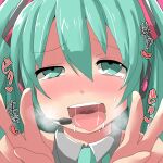  1girl ahegao aqua_eyes aqua_hair blush breath collared_shirt double_v drooling eyebrows_visible_through_hair hatsune_miku heart kuromu_(underporno) microphone necktie open_mouth shirt solo sweat tongue tongue_out translation_request v vocaloid 