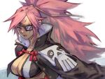  1girl baiken bangs black_jacket breasts cleavage cleavage_cutout clothing_cutout collarbone eyepatch facial_mark guilty_gear guilty_gear_xrd jacket large_breasts long_hair looking_at_viewer open_mouth pink_hair ponytail red_eyes scar scar_across_eye shaded_face sideboob simple_background skull_print solo tied_hair uncle_rabbit_ii upper_body white_background 