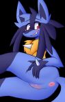  2021 anthro anus blue_body blue_fur butt chest_tuft claws cute_fangs female fur gaping gaping_anus genitals inget lucario nintendo nude pink_eyes pok&eacute;mon pok&eacute;mon_(species) presenting presenting_hindquarters pussy simple_background smile solo tuft video_games yellow_body yellow_fur 