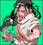  1boy artist_name bandaged_arm bandages black_hair blind blood blood_from_mouth blood_on_face bloody_clothes bloody_hands bruise collar collared_shirt commentary_request facial_mark fighting_stance green_background grey_eyes highres hyuuga_neji injury long_hair looking_at_viewer male_focus naruto_(series) parted_lips scratches shirt short_sleeves signature simple_background solo standing twitter_username upper_body white_shirt zifletts 