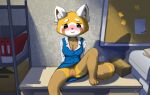  aggressive_retsuko ailurid anthro binder blush bodily_fluids bottomless box bra breasts cleavage clothed clothing desk english_text feet female fur furniture genital_fluids genitals hands_behind_back inner_ear_fluff inside looking_at_viewer mammal on_desk open_mouth paper partially_clothed paws plump_labia post-it_note printer pussy pussy_juice red_panda retsuko sanrio shadow sitting smile solo teeth text tongue tuft underwear yaravik 