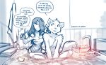  2021 anthro bathing blue_and_white breasts brush canid canine canis cleavage clothed clothing conditional_dnp crossed_legs danger dialogue duo english_text female fur hair hair_over_eye hi_res holding_object human keidran kneeling looking_back male mammal maren_taverndatter monochrome one_eye_obstructed rubber_duck scissors sitting sketch smile sythe_(twokinds) text tom_fischbach topless topless_male towel towel_only tuft twokinds water webcomic wet wet_body wet_fur wolf 