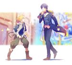  2boys band_uniform belt blonde_hair blue_eyes blue_hair blue_jacket blue_pants blue_shirt blurry blurry_background boots commentary epaulettes green_pants hand_on_own_chin headphones jacket kagamine_len kaito looking_at_another male_focus multiple_boys pants project_sekai shirt short_ponytail sinaooo spiked_hair translated uniform vest vocaloid walking 