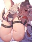  :3 animal_ears ass azur_lane blush breasts dog_ears dog_tail fangs fur_trim gloves high_heels highres large_breasts legs_up panties partially_visible_vulva paw_gloves paw_print paws red_eyes semimarusemi silver_hair slit_pupils suspenders tail thigh_strap thighhighs underboob underwear white_legwear white_panties yuudachi_(azur_lane) yuudachi_(woofy_floofy_christmas_night)_(azur_lane) 