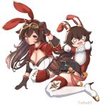  1girl :d amber_(genshin_impact) animal_ears bag baron_bunny belt blush_stickers boots breasts bunny_ears cleavage fang genshin_impact gloves goggles goggles_on_head hair_between_eyes hair_ribbon hand_on_goggles high_heels long_hair long_sleeves looking_at_viewer o_o one_eye_closed open_mouth red_eyes red_ribbon ribbon seiza shorts simple_background sitting smile talte01 thigh_boots thighhighs thighs white_background white_legwear 