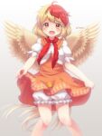  1girl ahoge bangs bird bird_tail bird_wings blonde_hair bloomers chick commentary_request dress eyebrows_visible_through_hair feathered_wings feet_out_of_frame gradient gradient_background highres layered_dress lifted_by_self looking_at_viewer multicolored_hair neck_ribbon niwatari_kutaka open_mouth orange_dress orange_eyes partial_commentary puffy_short_sleeves puffy_sleeves red_hair red_neckwear ribbon short_hair short_sleeves simple_background skirt skirt_lift solo standing swept_bangs tomo_takino touhou twitter_username two-tone_hair underwear wings 