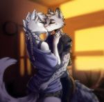  absurd_res anthro bottomwear braided_hair bublyk canid canine canis clothing duo felid female female/female fur grope hair hi_res kissing love making_out mammal pantherine shirt shorts snow_leopard spots sya_ruusa topwear white_body white_fur wolf xara 