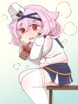  1girl aylwin_(azur_lane) azur_lane bangs blue_skirt blush cup disposable_cup drink drinking_straw eyebrows_visible_through_hair feet_out_of_frame furniture furrowed_eyebrows hair_between_eyes hair_tousle hat highres horoyuki_(gumizoku) long_sleeves looking_at_viewer medium_hair mouth_drool muffin_top open_mouth pink_hair pleated_skirt plump red_eyes sailor_hat see-through_skirt shirt sitting skindentation skirt solo striped_wrist_cuffs suspenders suspenders_slip sweat thighhighs white_legwear 