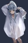  1girl absurdres bangs black_background blunt_bangs bottomless expressionless facial_hair facial_mark girls_frontline green_eyes hair_ornament highres hk416_(girls_frontline) long_hair looking_at_viewer m2_(guvn5745) naked_shirt ponytail see-through see-through_shirt shirt silver_hair solo tying_hair white_shirt 