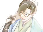  1boy bangs brown_hair closed_eyes eyebrows_visible_through_hair fate/grand_order fate_(series) glasses gloves haori happy highres holding japanese_clothes male_focus paddle upper_body yamanami_keisuke_(fate) 