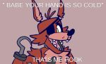  2020 ambiguous_gender animatronic anthro canid canine english_text eye_patch eyewear five_nights_at_freddy&#039;s fox foxy_(fnaf) freckles fur gold_(metal) gold_tooth head_tuft hook_hand humor looking_aside machine mammal meme open_mouth open_smile red_body red_fur robot sharp_teeth skkortysoup smile solo teeth text tuft video_games yellow_eyes 