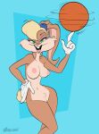  2020 anthro ball basketball_(ball) berryvapor blue_background breasts clothing female genitals gloves gloves_only green_eyes hand_on_hip handwear handwear_only hi_res lagomorph leporid lola_bunny looney_tunes mammal mostly_nude nipples nude pubes pussy rabbit simple_background solo space_jam warner_brothers 