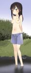  1girl bangs barefoot black_hair blue_shorts blue_sky breasts brown_eyes dated day eyebrows_visible_through_hair grass gym_shorts highres ichijou_hotaru long_hair looking_away male_swimwear male_swimwear_challenge medium_breasts navel non_non_biyori outdoors parted_lips short_shorts shorts signature sky solo standing swimwear topless wading water yone_kinji 